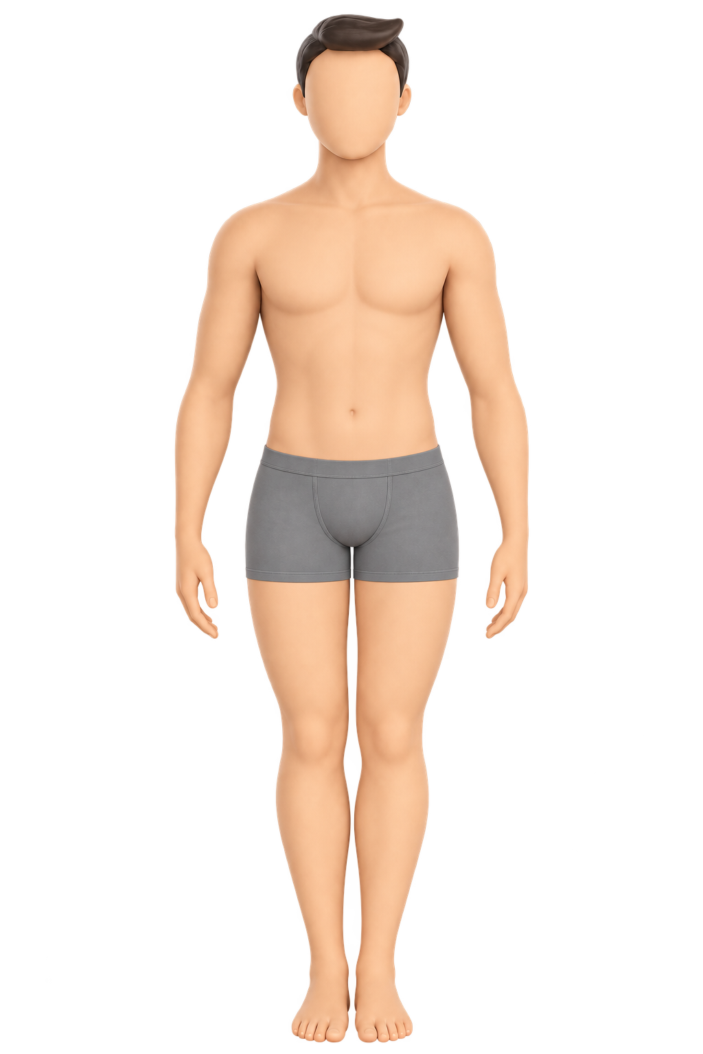 Figura corporal neutral con bóxer gris para ubicar las mediciones